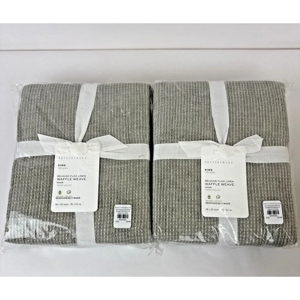 2 Pottery Barn Belgian Flax Waffle Weave King Shams Eucalypts